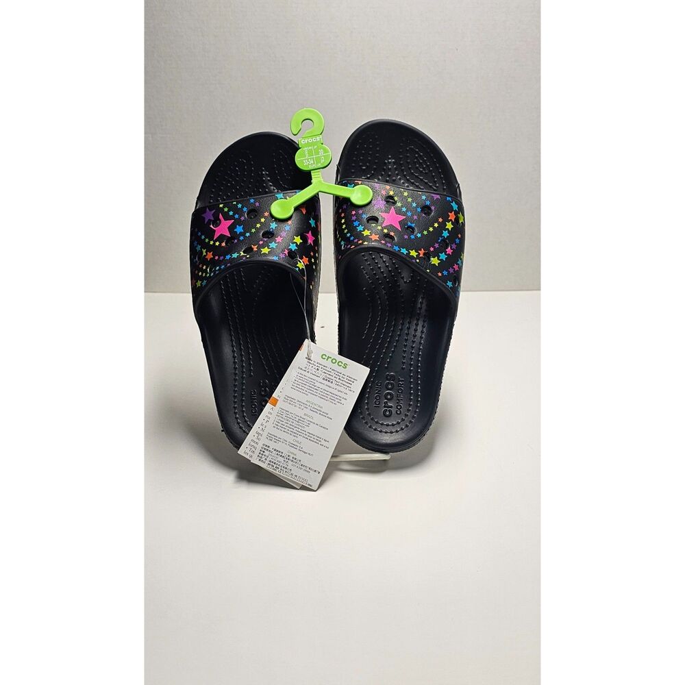 New Kids Crocs Classic Printed Slide Sandals Black Rainbow Neon Stars J2